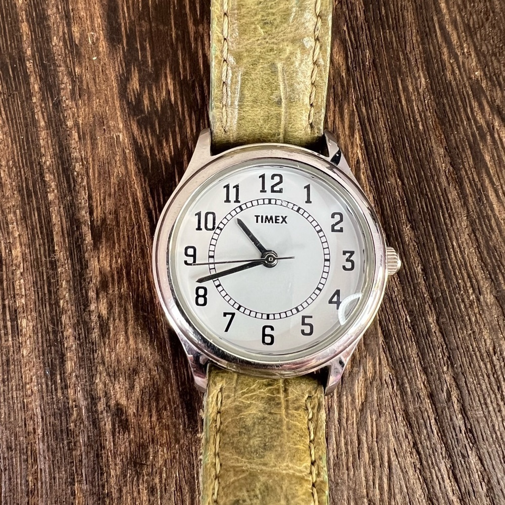 Timex Silver Tone Watch w/Green Leather Band W2
